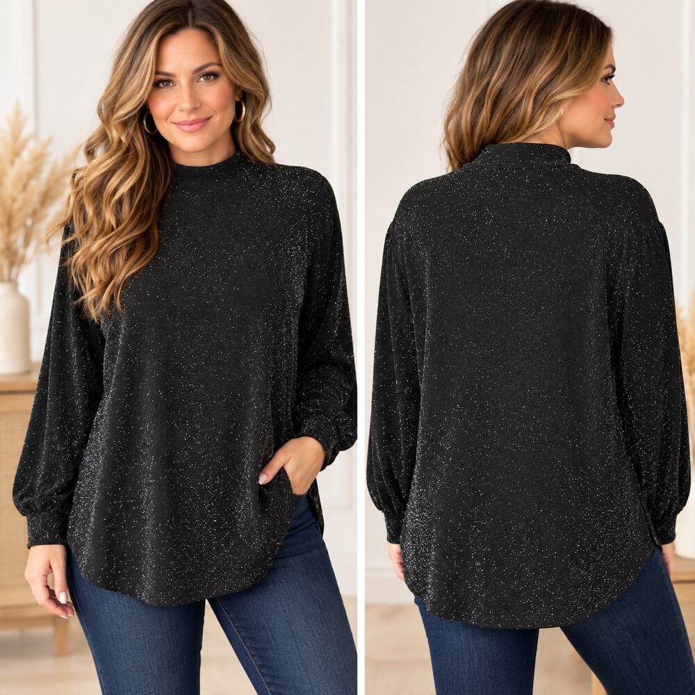Maurices Womens 2XL Black Metallic Shimmer Mock Neck Long Sleeve Tunic Top
